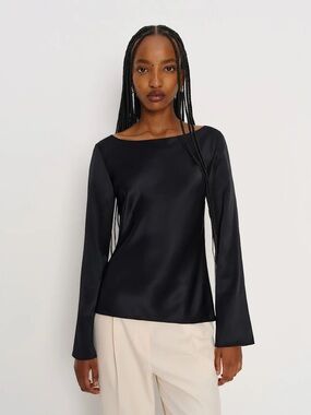 Reformation Marlow Black Satin Boatneck Bell Sleeve Long Sleeve Top Size 4 Small